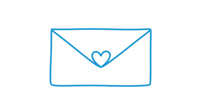 A simple hand drawn illustration of a blue envelope with a heart shape on the front