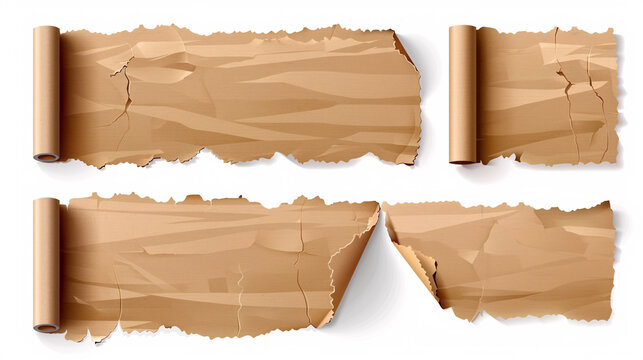 Set of brown adhesive torn tape pieces isolated on transparent background