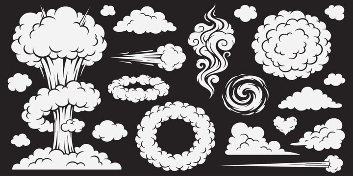 Comic style smoke clouds explosion element set