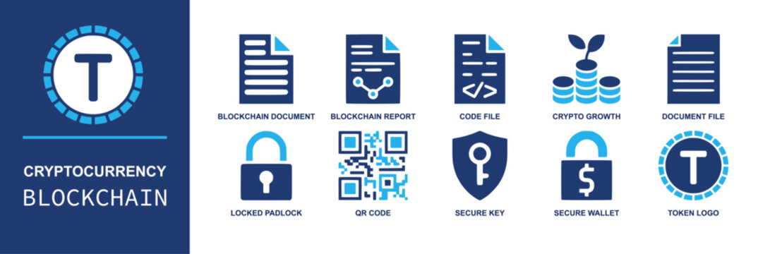 Cryptocurrency blockchain icon set. Containing blockchain report, code file, crypto growth, document, padlock, QR code, key shield, wallet, token logo and more. Solid fill vector icons.