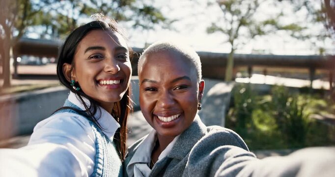 Friends, selfie and outdoor in park, happiness and memory for social media, post and together in morning. Portrait, women and employees in internship, smile and profile picture with people in city