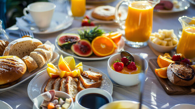 Lavish breakfast spread with fresh fruit pastries coffee and orange juice