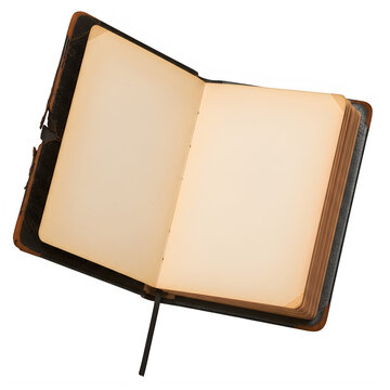 An open leather bound book with blank pages isolated on white background png
