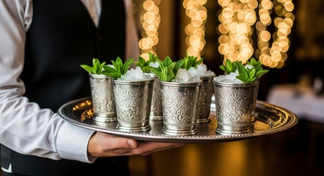 Waiter serving mint julep cocktails.