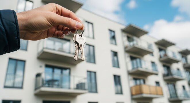 Hand holding house keys in front of modern apartment building for sale or rent