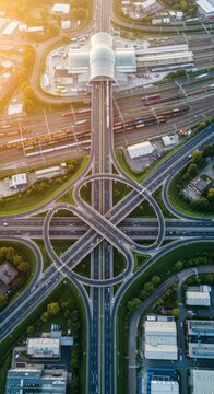Aerial View Of A Modern Highway Interchange And Train Station At Sunrise
