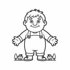 Fototapeta premium Smiling cartoon boy in overalls coloring page for kids