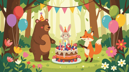 Fototapeta premium Birthday Woodland Animals Celebrate with Cake and Colorful Balloons