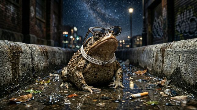 Anthropomorphic Toad in Urban Gutter Looking at Stars, a Satirical Illustration of the Aphorism: "We're all in the gutter, but some of us are looking at the stars."