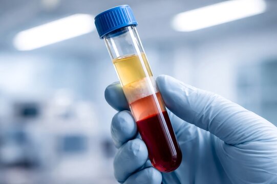 Gloved medical professional holding a centrifuged blood sample in a lab, analyzing plasma, buffy coat, and red blood cells for diagnostic and research purposes