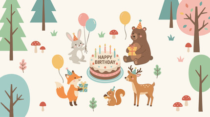 Naklejka premium Woodland Animals Celebrate Birthday with Cake Gifts and Balloons