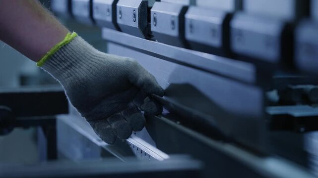 Gloved worker placing metal spacer into sheet metal press bed in industrial factory production line, close tracking movement.