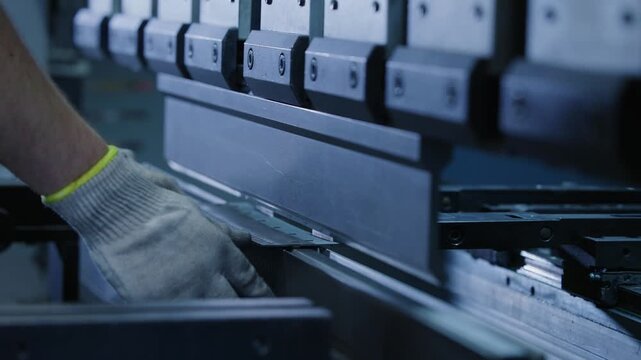 Tracking shot of worker bending metal sheet with gloved hands on press brake in industrial factory workshop.