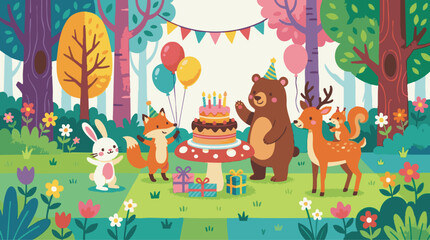 Naklejka premium Woodland Animals Birthday Party in a Forest with Cake and Presents