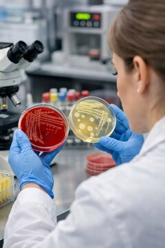 Female scientist wearing a white lab coat and blue gloves carefully examining different bacterial growth patterns in two petri dishes while working in a research laboratory