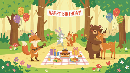 Naklejka premium Animals Celebrating Birthday Party in a Cheerful Forest with Gifts and Cake