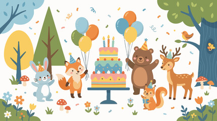 Obraz premium Cute Woodland Animals Celebrate Birthday Party with Cake and Balloons