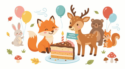 Fototapeta premium Birthday Woodland Animals Celebrate with Cake and Balloons