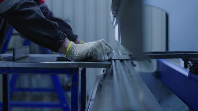 Worker sliding metal sheet across industrial workshop workbench inside factory.