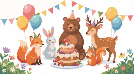 Obraz premium Adorable Woodland Creatures Celebrating a Joyful Birthday Party with Cake Balloons and Bunting