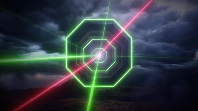 A futuristic green neon octagon with converging red laser beams emits light against a dark, cloudy sky backdrop, possibly for a science fiction film or technology advertisement