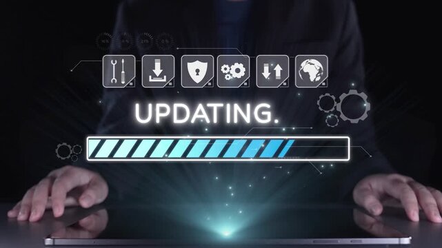 A captivating scene highlighting hands on a laptop with virtual icons representing a software update. This image illustrates modern technology and innovation in business settings. Qubit