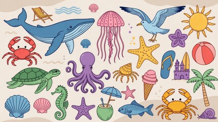 Obraz premium Ocean life and beach vacation items collection on sand, featuring marine animals and summer objects