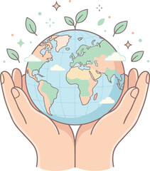 Fototapeta premium Hands holding a globe with leaves and clouds around it
