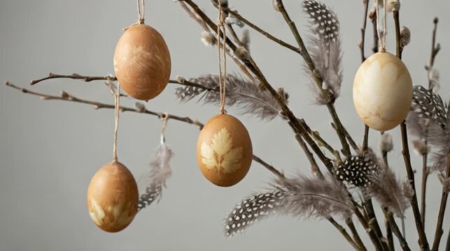 Natural dyed Easter eggs with leaf patterns hanging on pussy willow branches, minimal rustic holiday decor, springtime festivity, Easter.