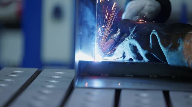Closeup welder torch welding metal on industrial workbench in factory..