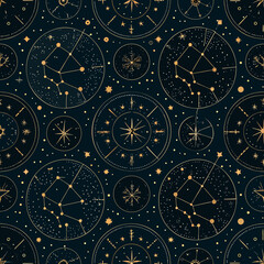Seamless pattern featuring golden constellations and celestial elements on dark blue © John Lee
