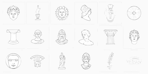 Naklejka premium Collection of ancient greek and roman art illustrations in line drawing style