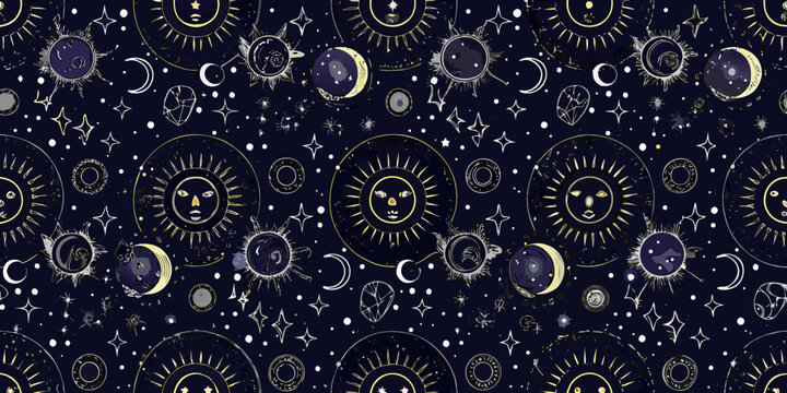 Celestial pattern with suns moons and stars on a dark background