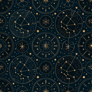 Seamless pattern featuring golden constellations and celestial elements on dark blue