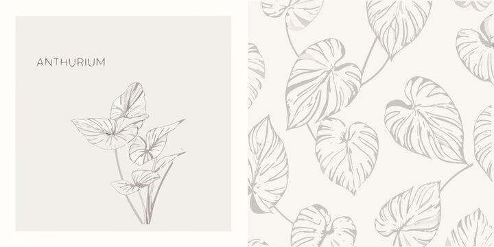 Anthurium floral illustration with a repeating botanical pattern background