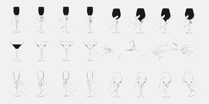 Sketch of champagne glasses hands and broken glass fragments