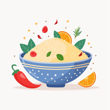 Bol de couscous avec ingr&eacute;dients color&eacute;s en illustration