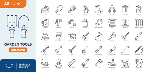Garden tools icon set. Outline icons collection. Editable stroke. Vector illustration © Cetacons