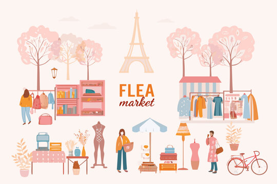 A charming parisian flea market scene with shoppers and the eiffel tower