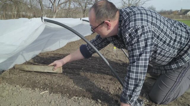 Man in plaid shirt prepares soil for planting under a protective cover, using a wooden tool to create rows in the garden bed