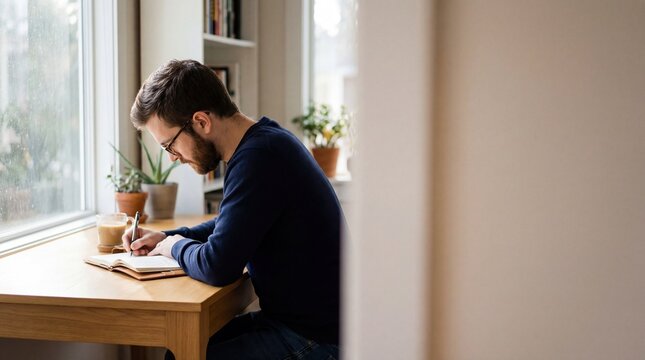 caucasian man with glasses writing in notebook at wooden desk near window. freelance work, studying and journaling concept. home office lifestyle. banner, website header with copyspace.