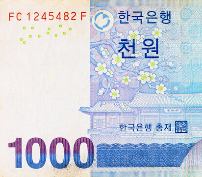 1000 Won banknote South Korean , KRW currency close-up, portrait of Yi Hwang (Toegye) philosopher, South Korea national money. Money of Asia.