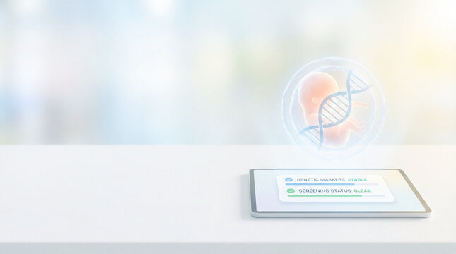 Digital illustration of human embryo inside transparent sphere above tablet showing genetic testing status. Concept of prenatal diagnostics and reproductive medicine technology.