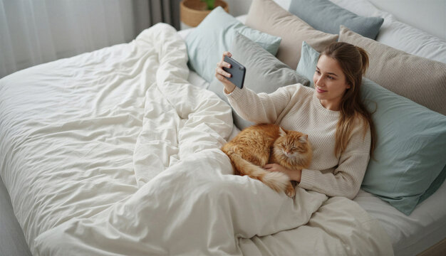 Woman sitting on bed and taking selfie with cat in cozy bedroom  