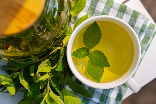 Refreshing homegrown mint tea in white cup