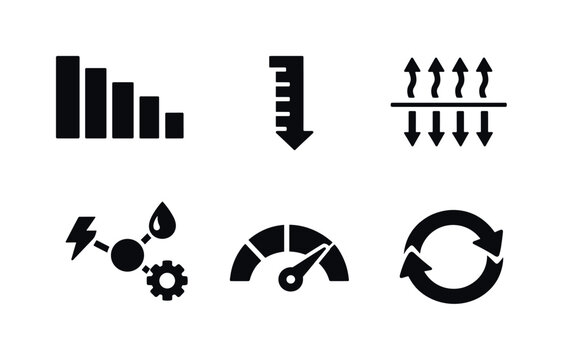 Solid style icons of thermal gradient harvesting: temperature gradient bars, depth-scale marker, thermal-flow arrows, conversion
