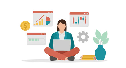 Fototapeta premium Woman working on laptop with business analysis and financial growth data