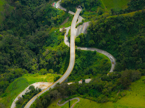 Aerial view of la linea highway in lush Colombian landscape