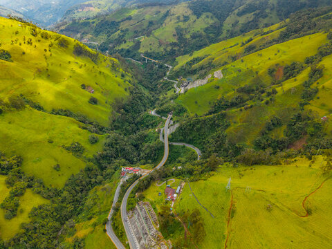 Aerial view of la Linea highway in lush Colombia landscape