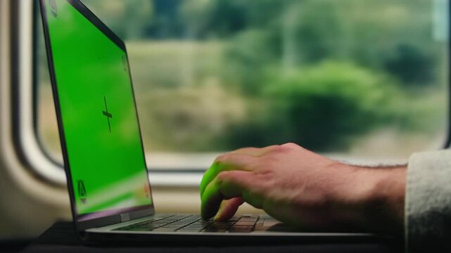 Using laptopn in train, man works on his laptop while also checking his phone. The train moves through the countryside, pc with green screen. 